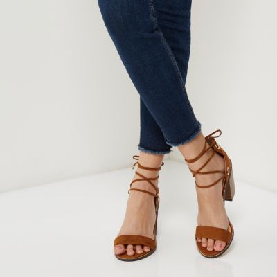 Light brown tie-up block heel sandals
